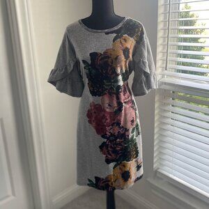Luxology - grey floral dress with short ruffle sleeves.